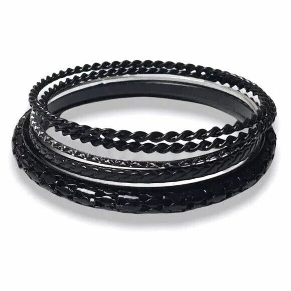 Black Bracelet Lot 5 Enameled Metal Bangles Goth Punk Gothic Costume Jewelry